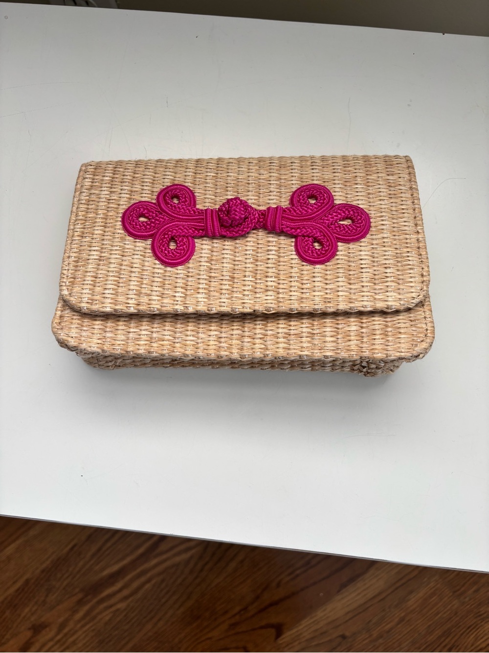 Natural Woven Clutch with Hot Pink Knot Accent